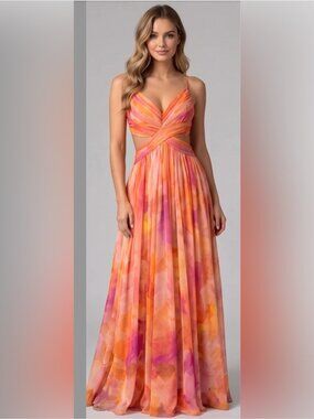 Orange Watercolor Cutout Tie-Back Crisscross  Maxi Dress